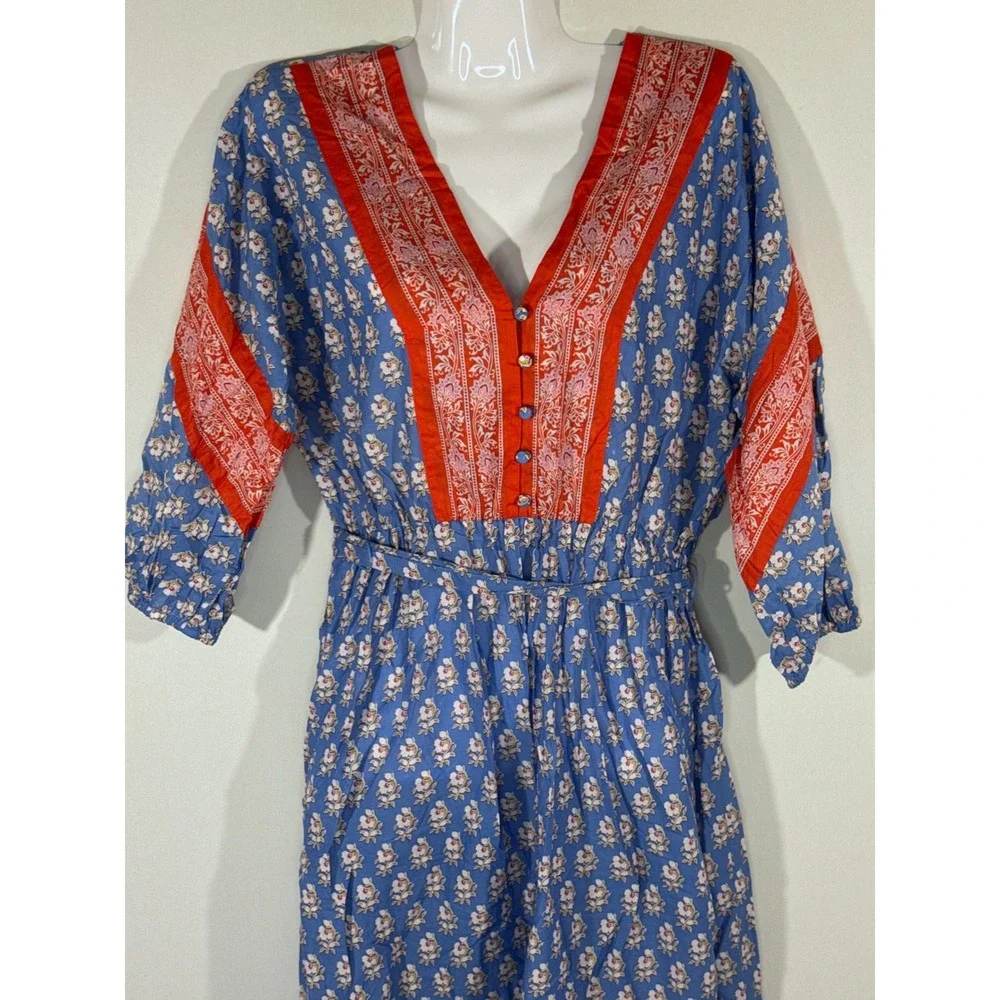 J. Crew Beachwear Blue Red Floral Block‎ Print Midi Dress Tie Waist Women's XS
